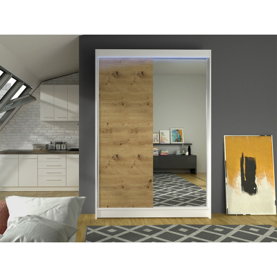 SAMANRE 1 gardróbszekrény 120 cm tükörrel és RGB LED világítással - fehér / artisan tölgy