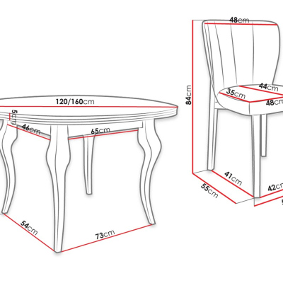 Kihúzható étkezőasztal 120 cm 4 székkel KRAM 2 - fehér / fekete / fehér