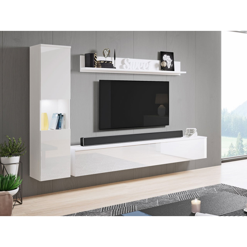 Modern nappali fal LED világítással ROSALIO - fényes fehér / fehér