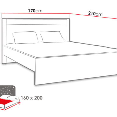 Franciaágy rácsos ágyráccsal és LED világítással 160x200 CHALAPATA - fehér kraft tölgy