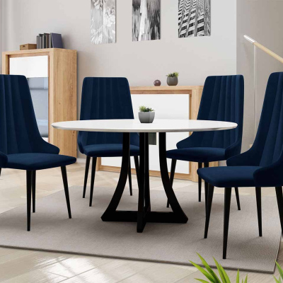 TULZA 1 kerek étkezőasztal 120 cm 4 székkel - fényes fekete-fehér / kék