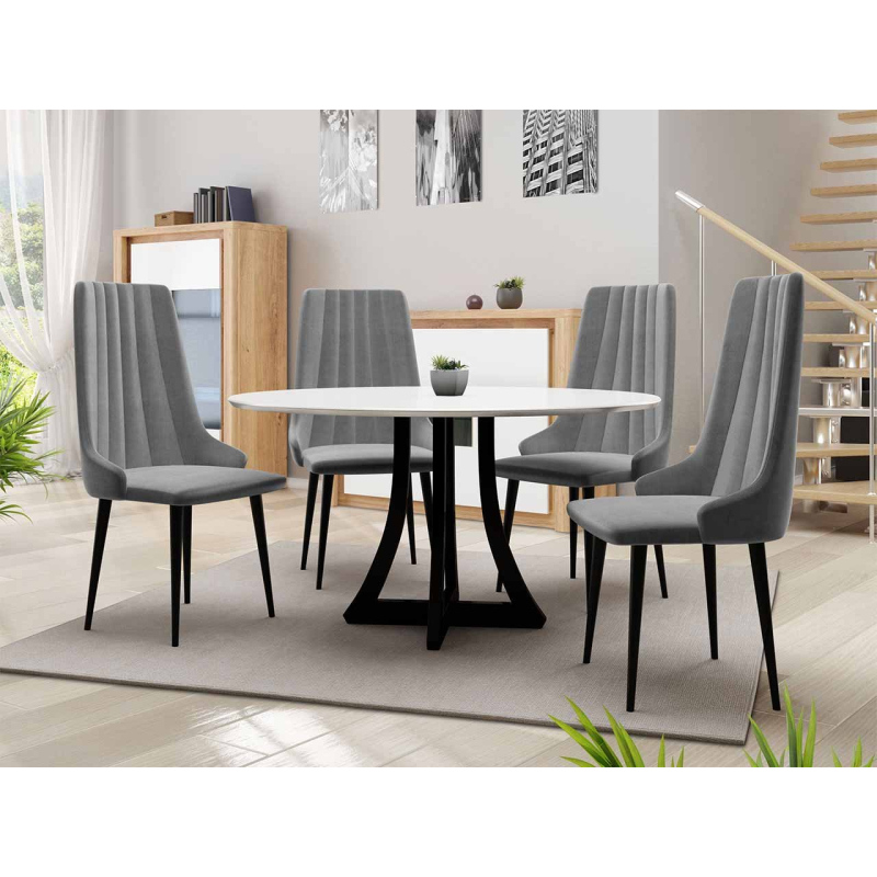 TULZA 1 kerek étkezőasztal 100 cm 4 székkel - fényes fekete-fehér / szürke