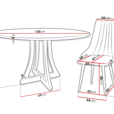 TULZA 1 kerek étkezőasztal 120 cm 4 székkel - fényes fekete-fehér / kék