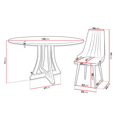 TULZA 1 kerek étkezőasztal 120 cm 4 székkel - fényes fekete-fehér / kék