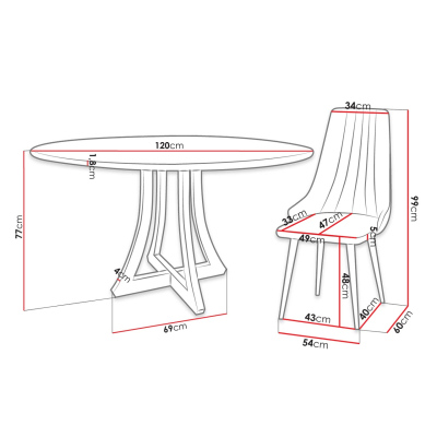 TULZA 1 kerek étkezőasztal 120 cm 4 székkel - fekete / szürke