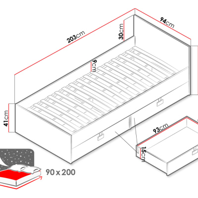 Egyszemélyes ágy diákszobába 90x200 BASHIRA - tölgy / fehér