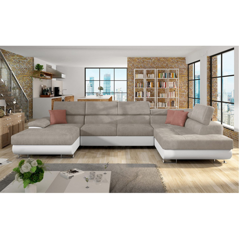 SAN DIEGO U alakú kinyitható kanapé - fehér ökobőr / bézs / rózsaszín, jobb sarok