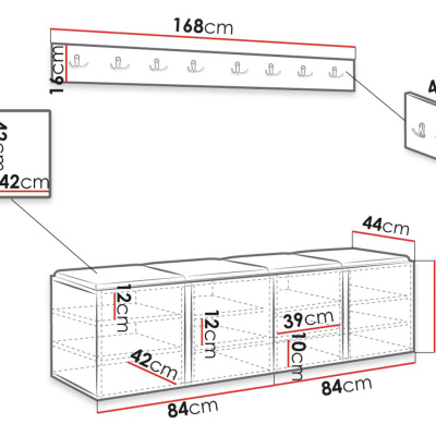 Előszoba bútor kárpitozott panelekkel 42x42 SELAND 8 - fehér / sötétszürke