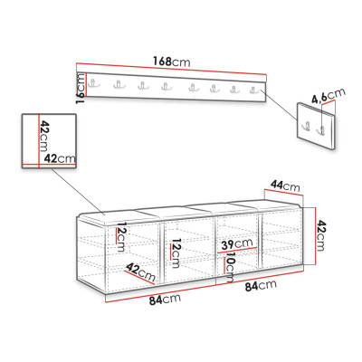 Előszoba bútor kárpitozott panelekkel 42x42 SELAND 8 - fehér / sötétszürke