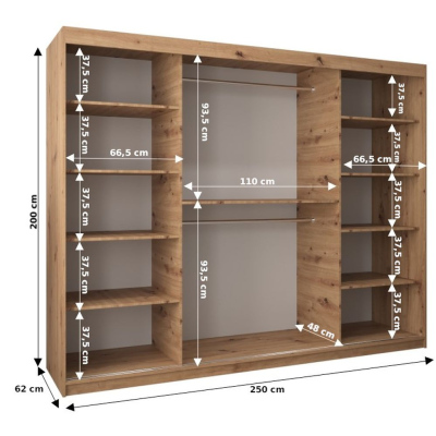 ADELA tükrös gardrób szekrény - 250 cm, fekete / sonoma tölgy