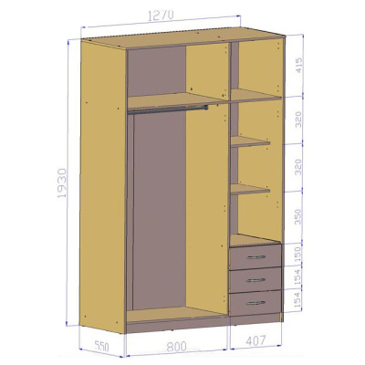 SIMELA kombinált gardróbszekrény - 127 cm széles, sonoma tölgy