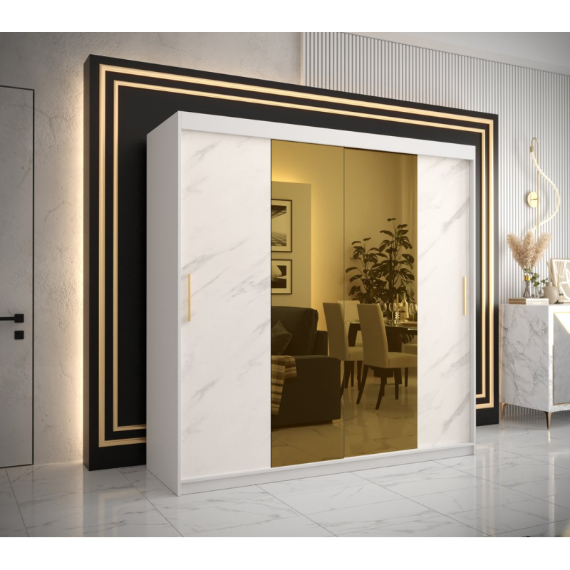 Designer gardrób arany tükörrel 1. FOGANTYÚ - szélesség 200 cm, fehér