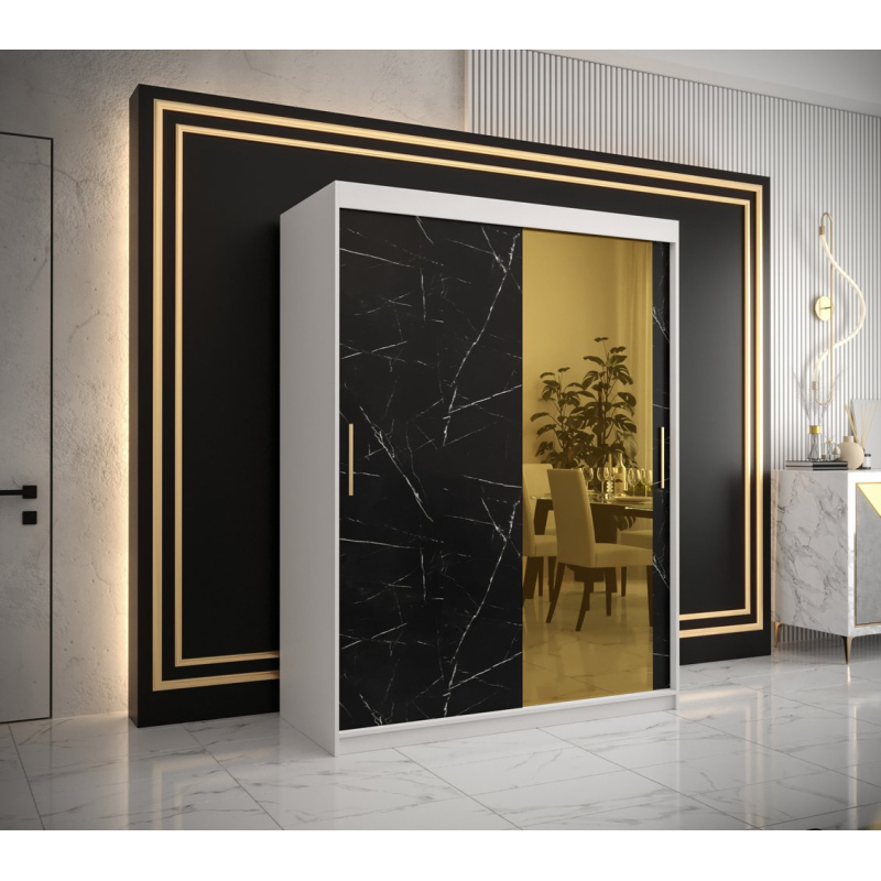 Designer gardrób arany tükörrel 2. FOGANTYÚ - szélesség 150 cm, fehér / fekete