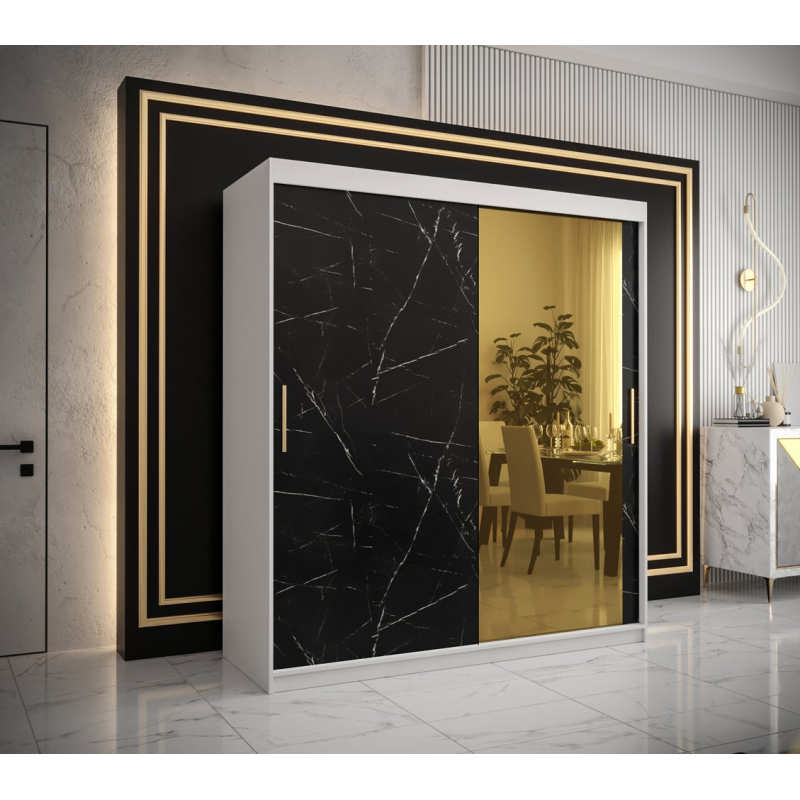 Designer gardrób arany tükörrel 2. FOGANTYÚ - szélesség 180 cm, fehér / fekete