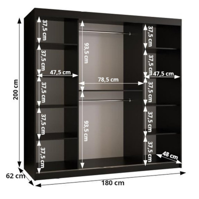 Designer gardrób arany tükörrel 3. FOGANTYÚ - szélesség 180 cm, fekete