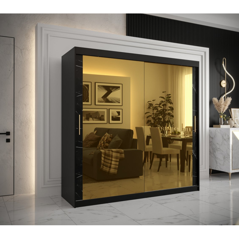 MADLA 3 stílusos szekrény arany tükörrel - 200 cm széles, fekete