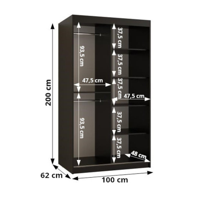 Designer gardrób arany tükörrel 4-es FOGANTYÚ - szélesség 100 cm, fekete