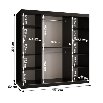 Designer gardrób arany tükörrel 4-es FOGANTYÚ - szélesség 180 cm, fekete