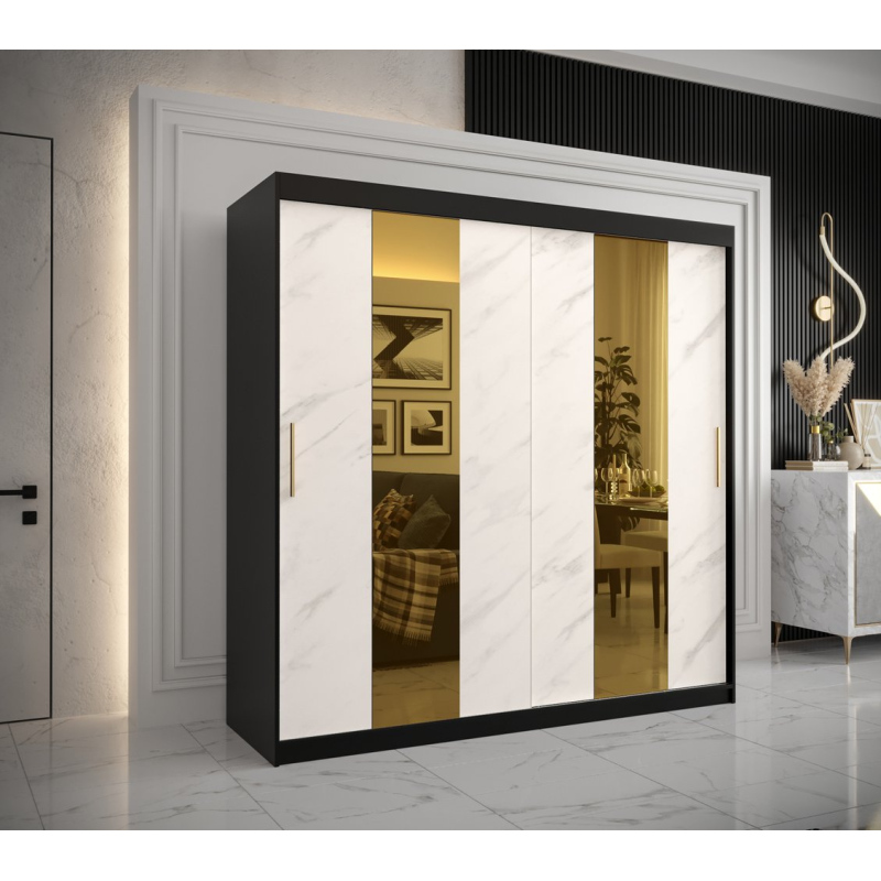 Designer gardrób arany tükörrel 4. FOGANTYÚ - szélesség 200 cm, fekete / fehér