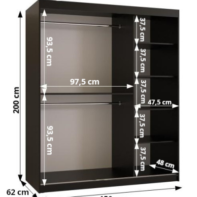 RAISA 1 ruhásszekrény - szélesség 150 cm, fehér / fekete
