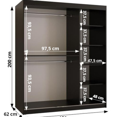 RAISA 2 ruhásszekrény - szélesség 150 cm, fekete