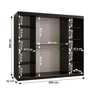 RAISA 2 ruhásszekrény - szélesség 200 cm, fekete