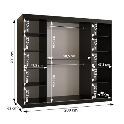 RAISA 2 ruhásszekrény - szélesség 200 cm, fehér / fekete