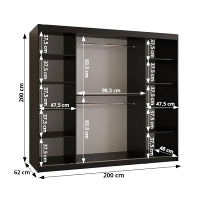 SAVENA 3 tágas, tolóajtós gardrób szekrény - 200 cm széles, fekete
