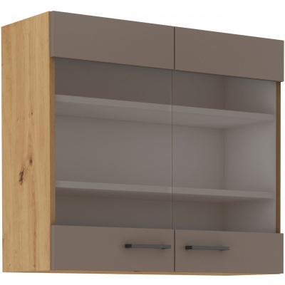 Felső vitrines szekrény BALIJA - szélesség 80 cm, szarvasgomba szürke / artisan tölgy
