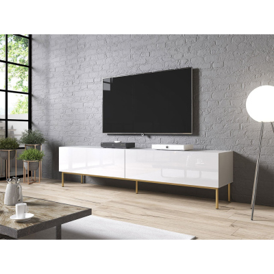 TV állvány TOKA - 200 cm, fényes fehér / arany