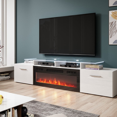 TV állvány elektromos kandallóval OKEMIA - fehér / fényes fehér + INGYENES LED világítás