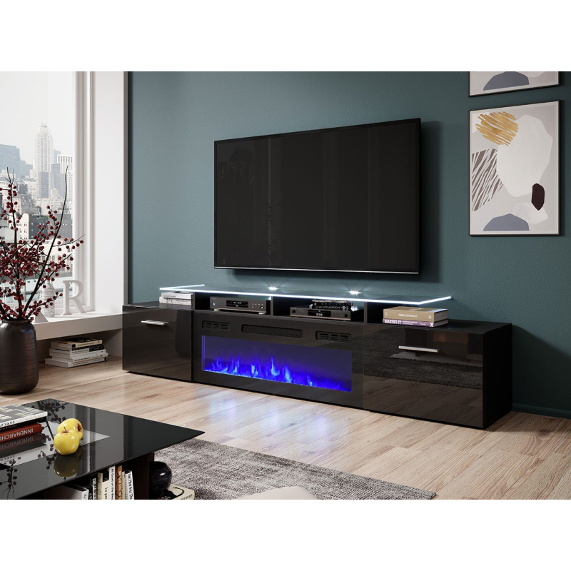 OKEMIA TV asztal elektromos kandallóval - fekete / csillogó fekete + INGYENES LED világítás