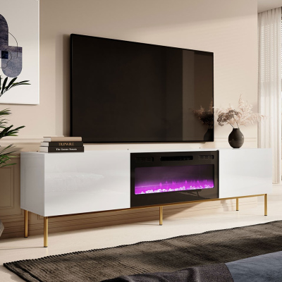 TV állvány elektromos kandallóval TOKA - fényes fehér / arany