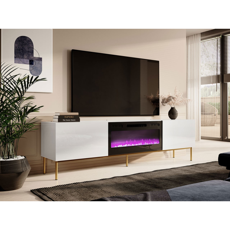 TV állvány elektromos kandallóval TOKA - fényes fehér / arany