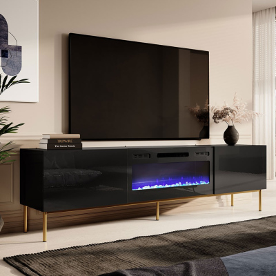 TV állvány elektromos kandallóval TOKA - fényes fekete / arany