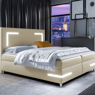 Boxspring ágy 120x200 MADENA - bézs műbőr + fedőlap és LED világítás INGYENES