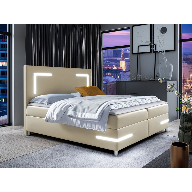 Boxspring ágy 120x200 MADENA - bézs műbőr + fedőlap és LED világítás INGYENES