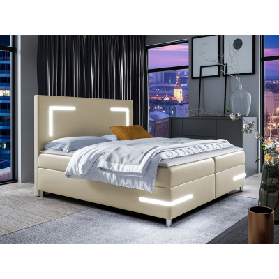 Boxspring ágy 120x200 MADENA - bézs műbőr + fedőlap és LED világítás INGYENES