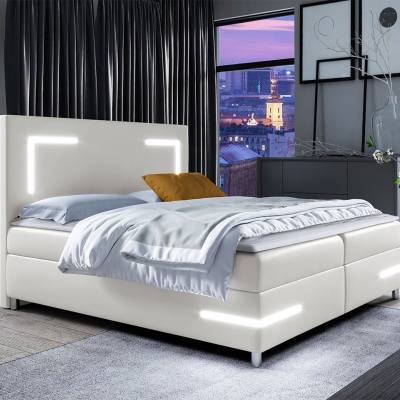 Boxspring ágy 120x200 MADENA - fehér műbőr + fedőlap és LED világítás INGYENES