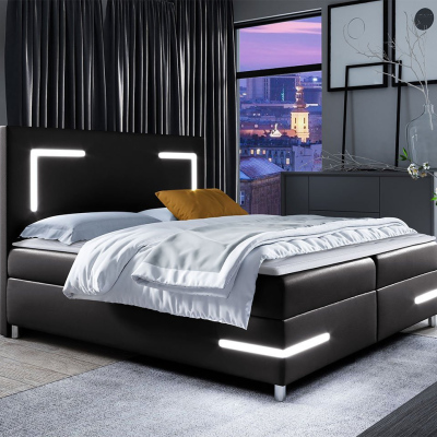 Boxspring ágy 120x200 MADENA - fekete műbőr + fedőlap és LED világítás INGYENES