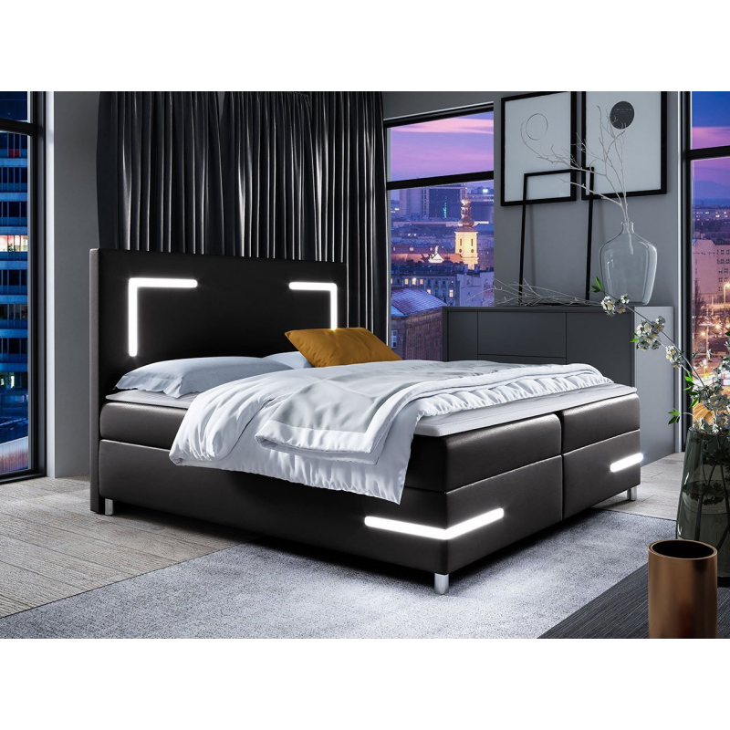 Boxspring ágy 120x200 MADENA - fekete műbőr + fedőlap és LED világítás INGYENES
