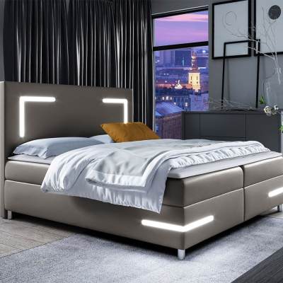 Boxspring ágy 120x200 MADENA - szürke műbőr + fedőlap és LED világítás INGYEN