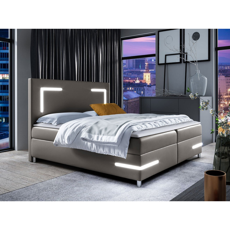Boxspring ágy 120x200 MADENA - szürke műbőr + fedőlap és LED világítás INGYEN