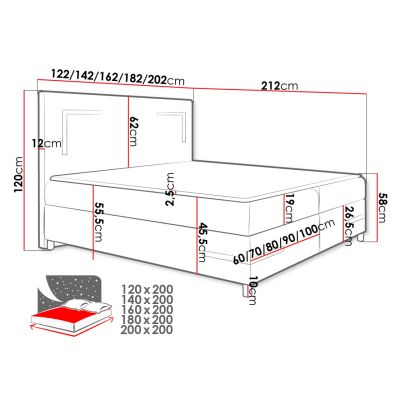Boxspring ágy 120x200 MADENA - fehér műbőr + fedőlap és LED világítás INGYENES