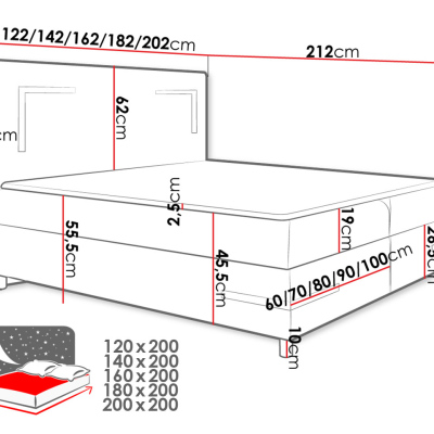 Boxspring ágy 120x200 MADENA - fekete műbőr + fedőlap és LED világítás INGYENES