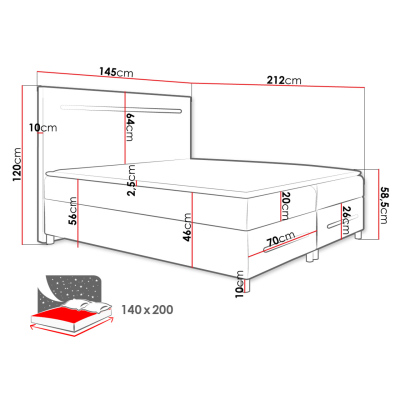 MARIELA boxspring franciaágy 180x200 - fekete ökobőr + INGYENES topper és LED világítás