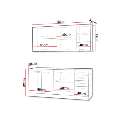 GENJI 3 panelkonyha 180/180 cm - fényes fehér / szürke + INGYENES tálalószekrény