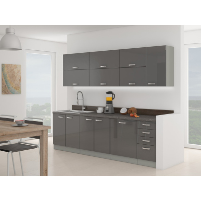 Konyha 260/260 cm RONG 4 - szürke / fényes szürke + LED, mosogató és tálalószekrény INGYENES