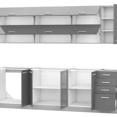 Konyha 260/260 cm RONG 4 - szürke / fényes szürke + LED, mosogató és tálalószekrény INGYENES