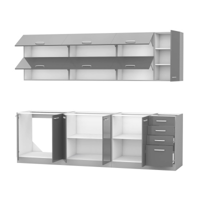 Konyha 260/260 cm RONG 4 - szürke / fényes szürke + LED és INGYENES tálalószekrény